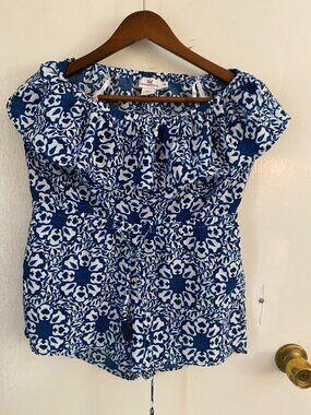 VINEYARD VINES Blue and White Floral Off-Shoulder Playsuit Romper - XS